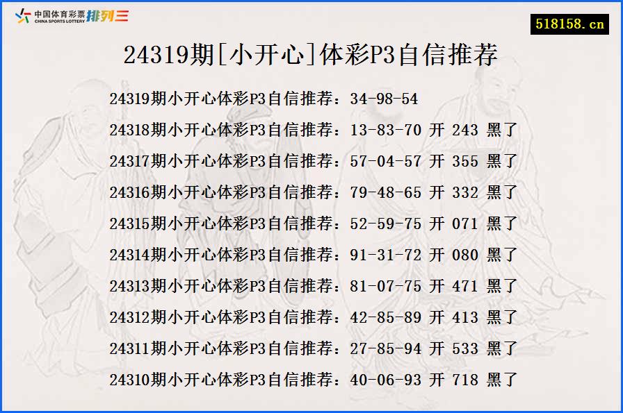 24319期[小开心]体彩P3自信推荐