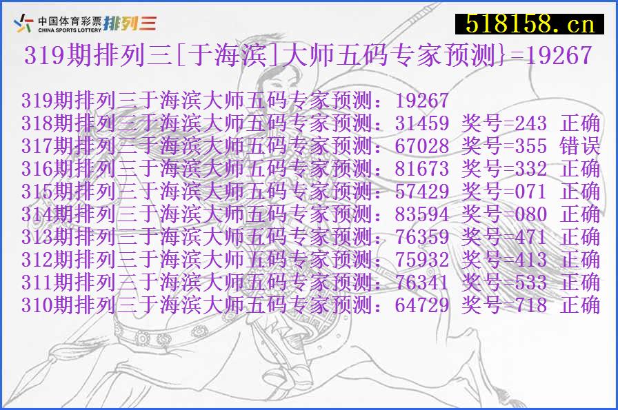 319期排列三[于海滨]大师五码专家预测}=19267