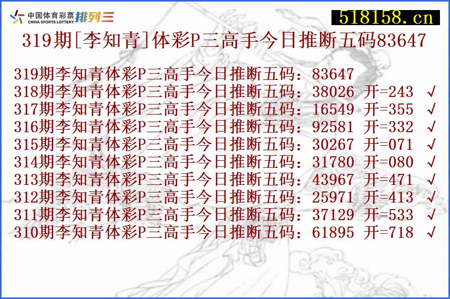 319期[李知青]体彩P三高手今日推断五码83647