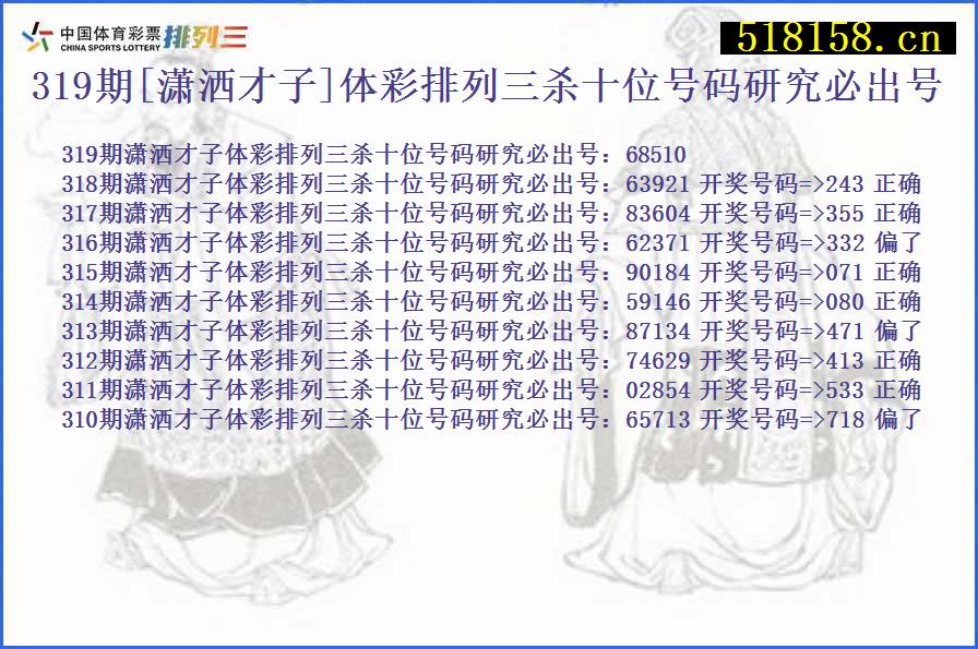 319期[潇洒才子]体彩排列三杀十位号码研究必出号