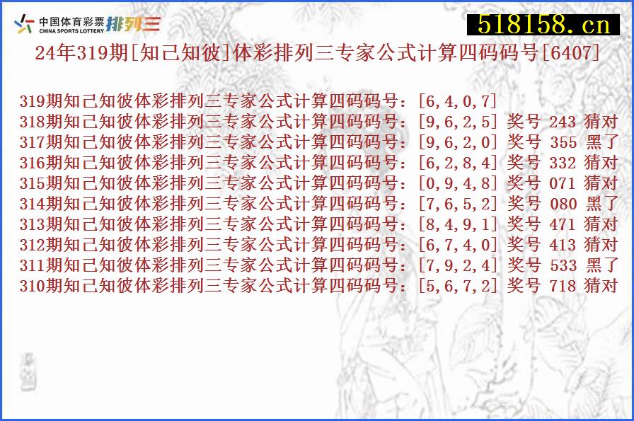 24年319期[知己知彼]体彩排列三专家公式计算四码码号[6407]