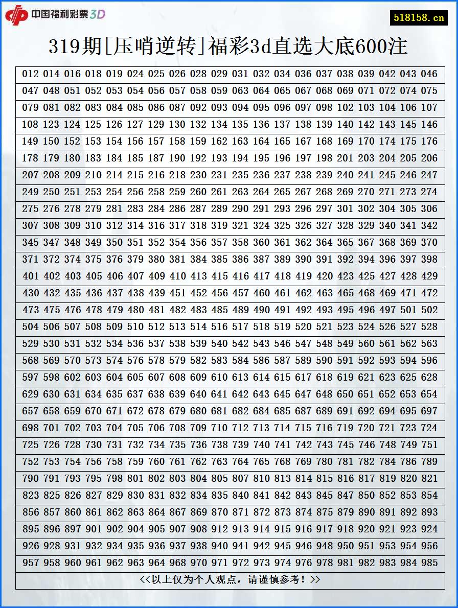 319期[压哨逆转]福彩3d直选大底600注
