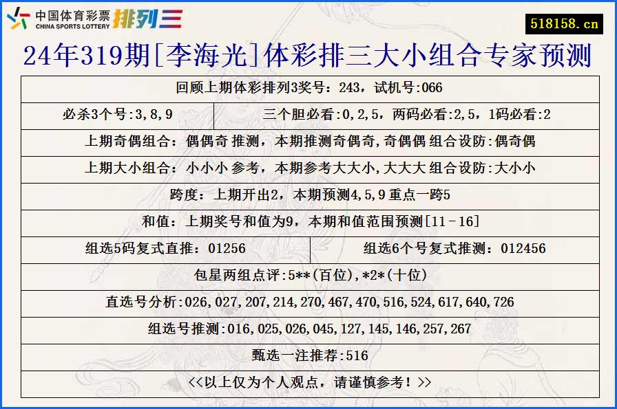 24年319期[李海光]体彩排三大小组合专家预测