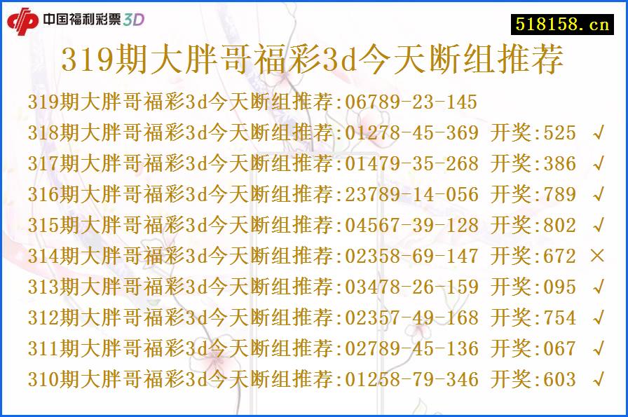 319期大胖哥福彩3d今天断组推荐