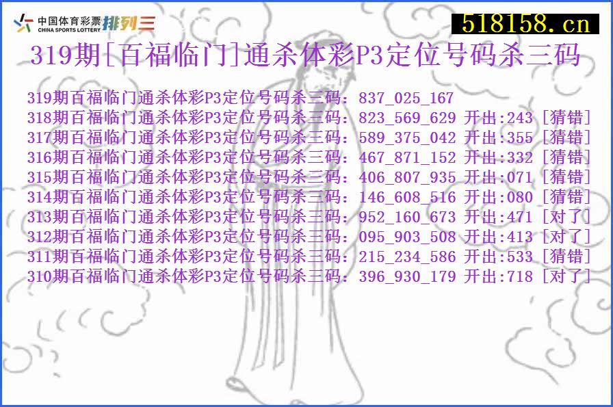 319期[百福临门]通杀体彩P3定位号码杀三码