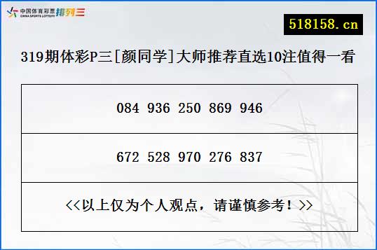 319期体彩P三[颜同学]大师推荐直选10注值得一看