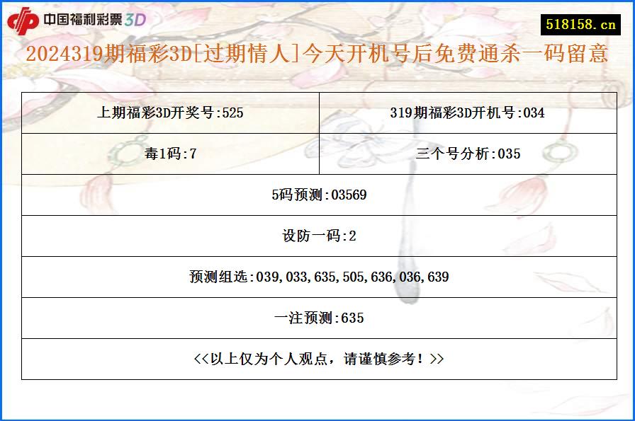 2024319期福彩3D[过期情人]今天开机号后免费通杀一码留意