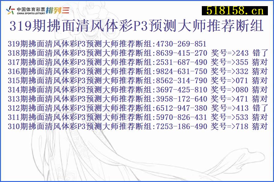 319期拂面清风体彩P3预测大师推荐断组