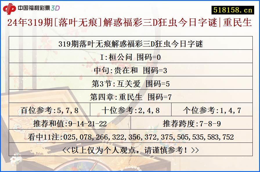 24年319期[落叶无痕]解惑福彩三D狂虫今日字谜|重民生