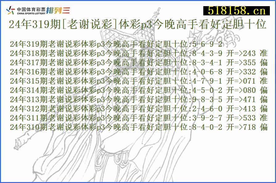 24年319期[老谢说彩]体彩p3今晚高手看好定胆十位