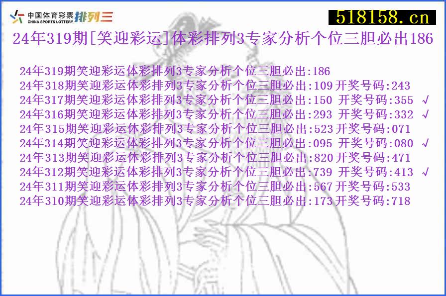 24年319期[笑迎彩运]体彩排列3专家分析个位三胆必出186