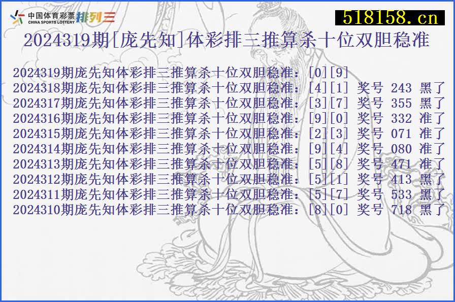 2024319期[庞先知]体彩排三推算杀十位双胆稳准