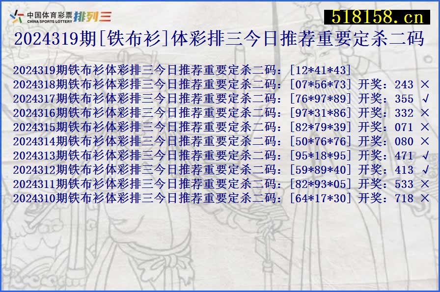 2024319期[铁布衫]体彩排三今日推荐重要定杀二码