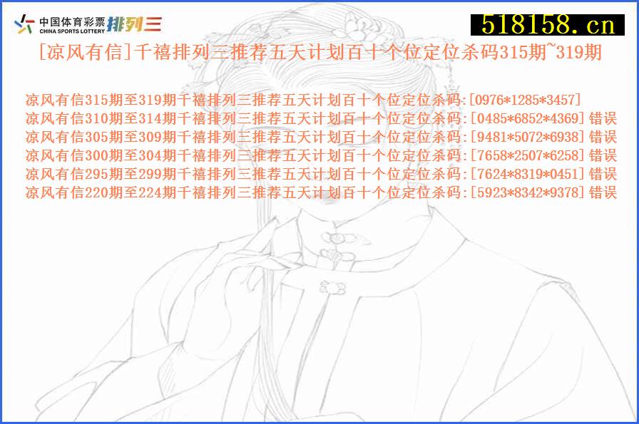 [凉风有信]千禧排列三推荐五天计划百十个位定位杀码315期~319期