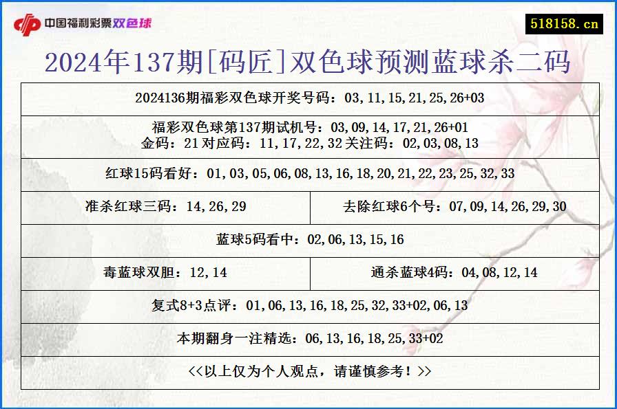 2024年137期[码匠]双色球预测蓝球杀二码