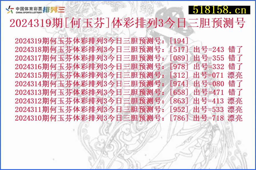 2024319期[何玉芬]体彩排列3今日三胆预测号