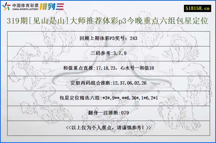 319期[见山是山]大师推荐体彩p3今晚重点六组包星定位