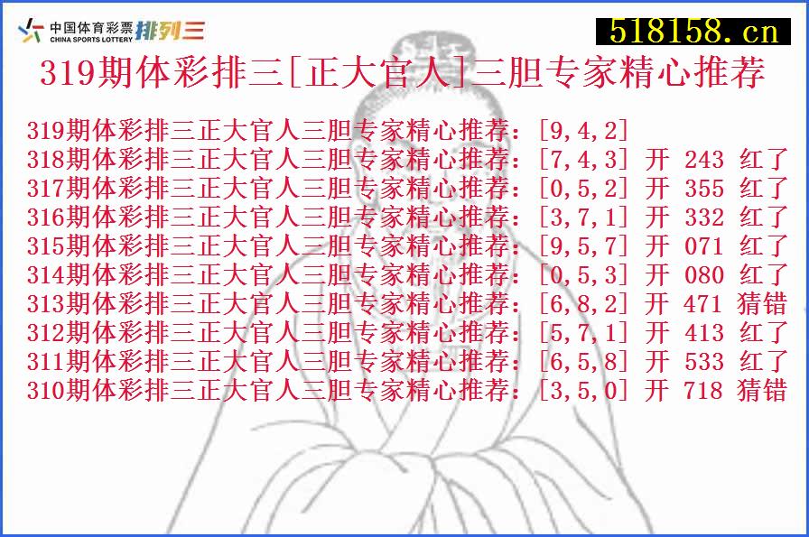 319期体彩排三[正大官人]三胆专家精心推荐