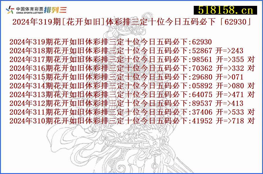 2024年319期[花开如旧]体彩排三定十位今日五码必下「62930」