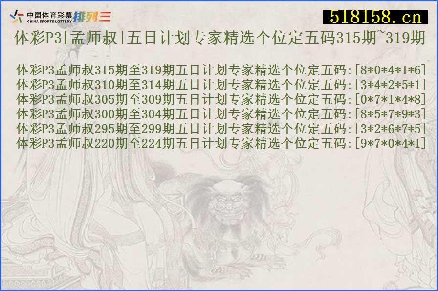 体彩P3[孟师叔]五日计划专家精选个位定五码315期~319期