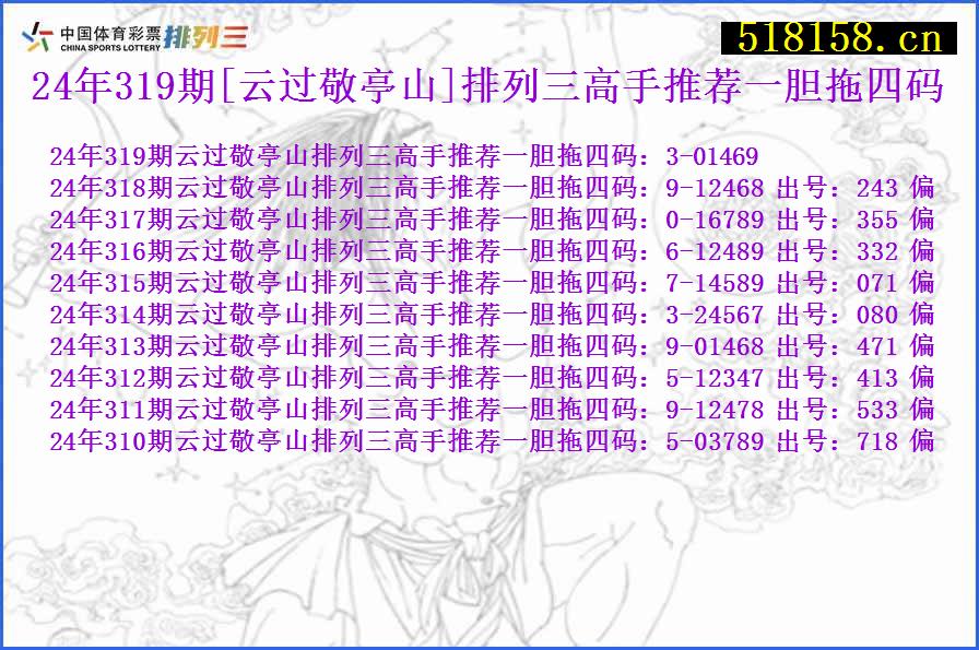 24年319期[云过敬亭山]排列三高手推荐一胆拖四码