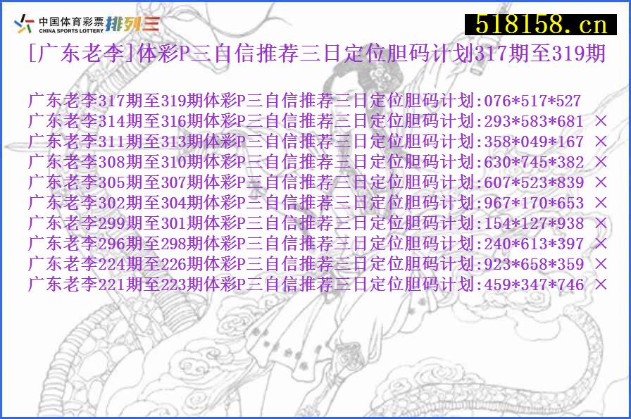 [广东老李]体彩P三自信推荐三日定位胆码计划317期至319期