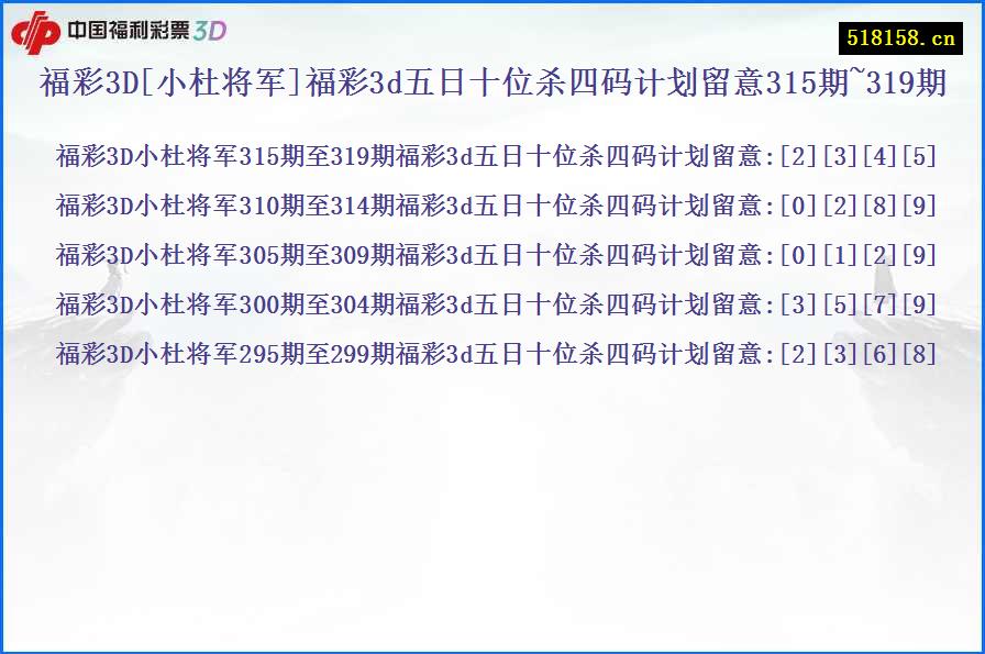 福彩3D[小杜将军]福彩3d五日十位杀四码计划留意315期~319期