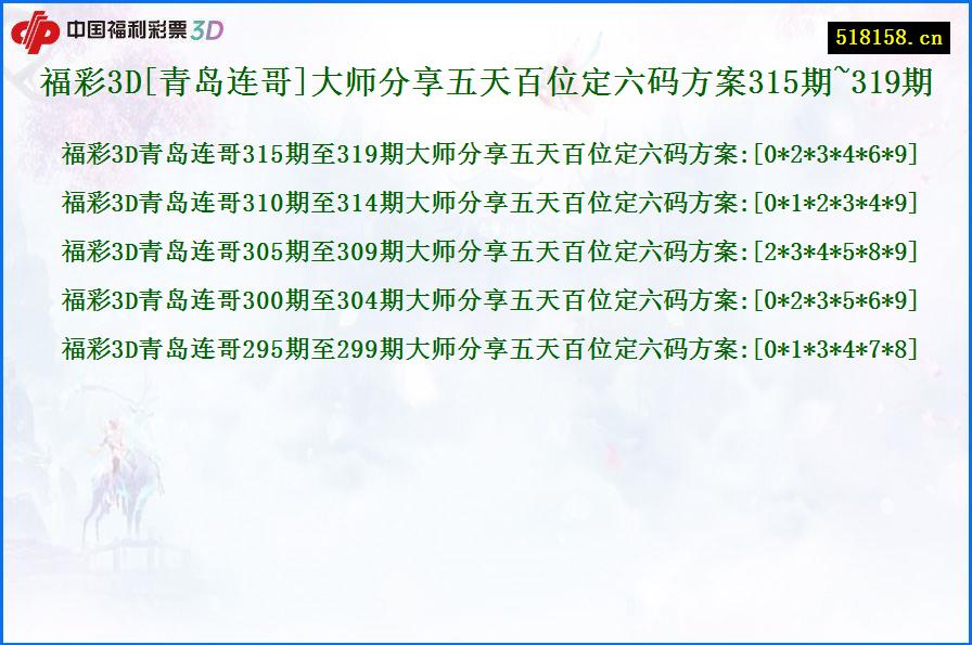 福彩3D[青岛连哥]大师分享五天百位定六码方案315期~319期