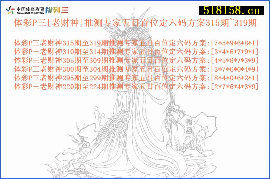 体彩P三[老财神]推测专家五日百位定六码方案315期~319期