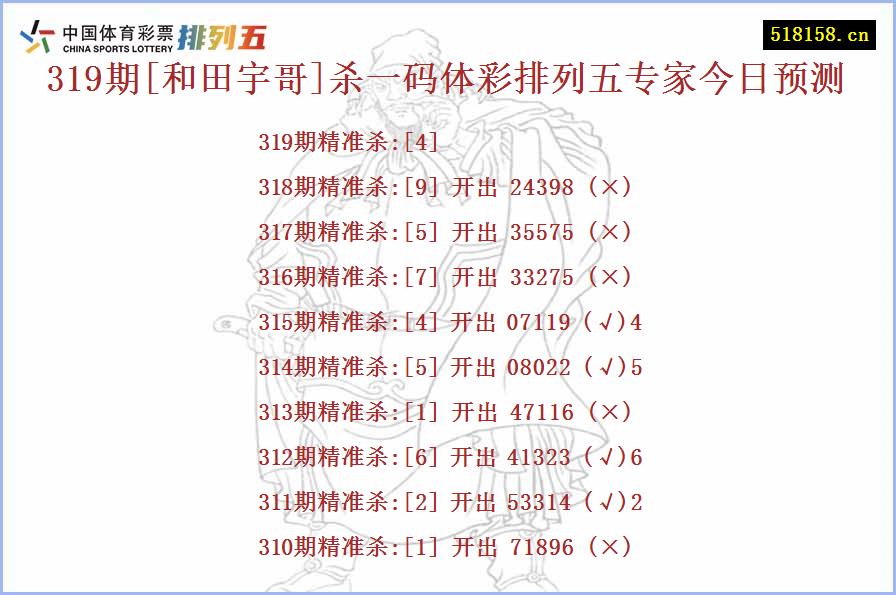 319期[和田宇哥]杀一码体彩排列五专家今日预测