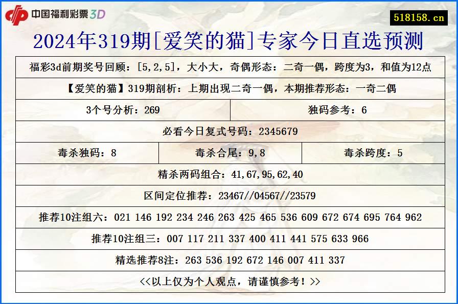 2024年319期[爱笑的猫]专家今日直选预测