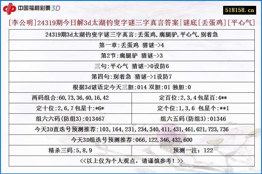 [李公明]24319期今日解3d太湖钓叟字谜三字真言答案|谜底[丢蛋鸡][平心气]