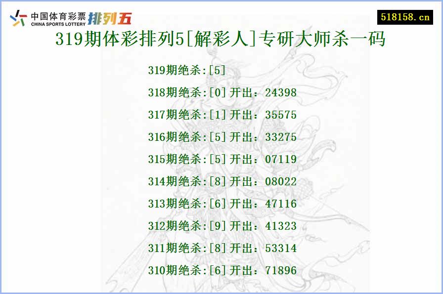 319期体彩排列5[解彩人]专研大师杀一码