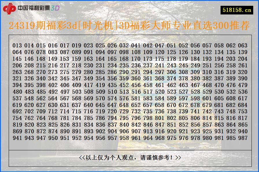 24319期福彩3d[时光机]3D福彩大师专业直选300推荐