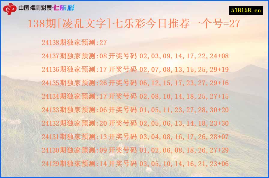 138期[凌乱文字]七乐彩今日推荐一个号=27