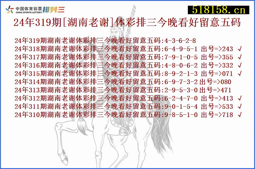 24年319期[湖南老谢]体彩排三今晚看好留意五码