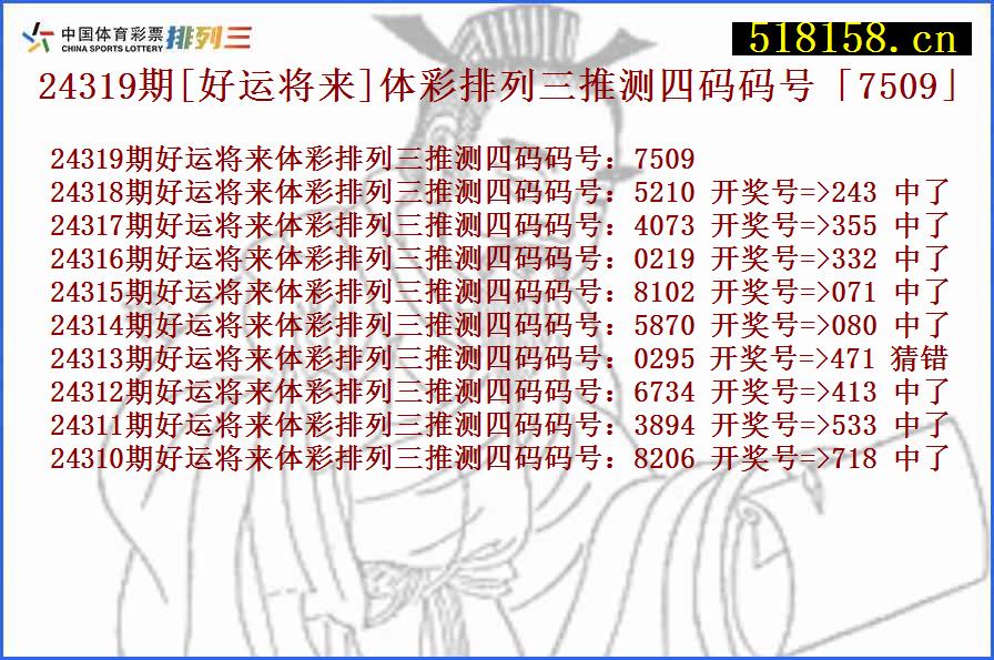 24319期[好运将来]体彩排列三推测四码码号「7509」