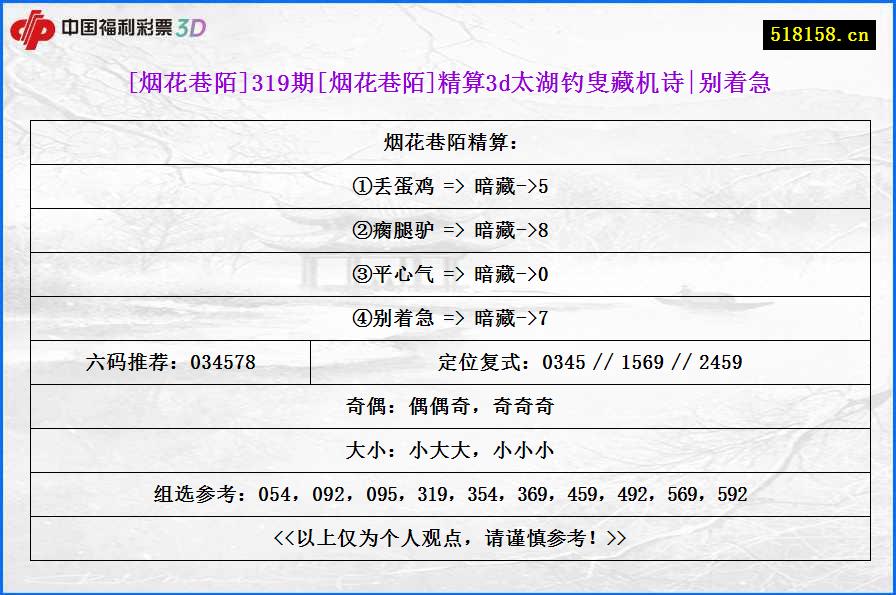 [烟花巷陌]319期[烟花巷陌]精算3d太湖钓叟藏机诗|别着急