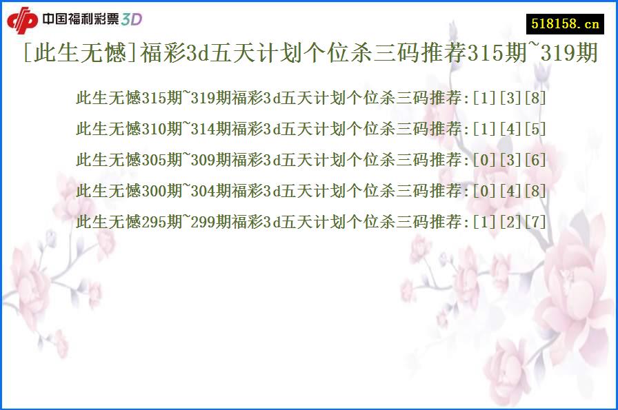 [此生无憾]福彩3d五天计划个位杀三码推荐315期~319期