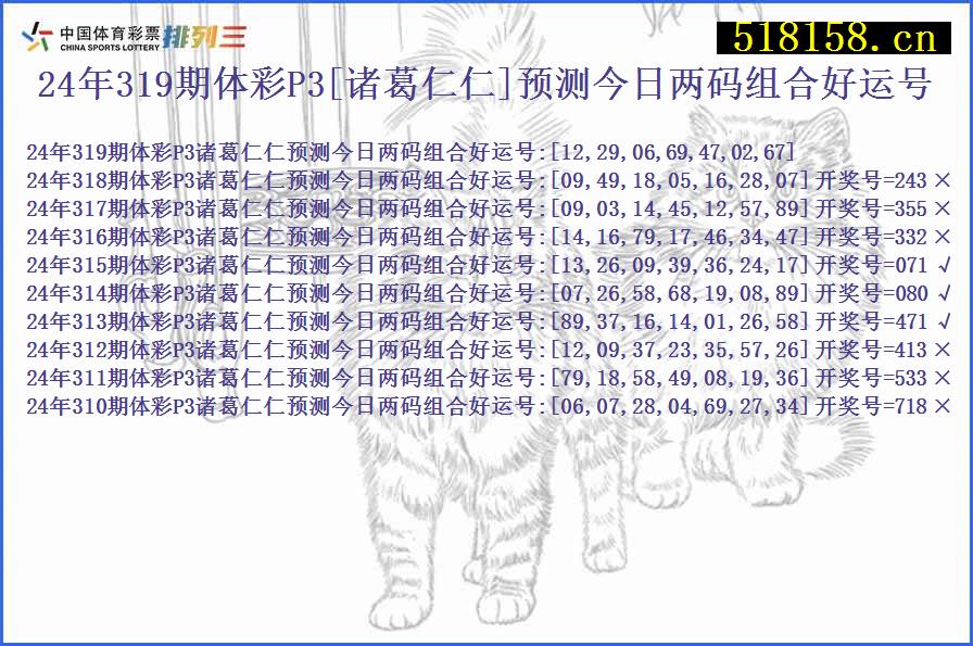 24年319期体彩P3[诸葛仁仁]预测今日两码组合好运号