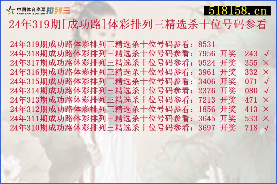 24年319期[成功路]体彩排列三精选杀十位号码参看