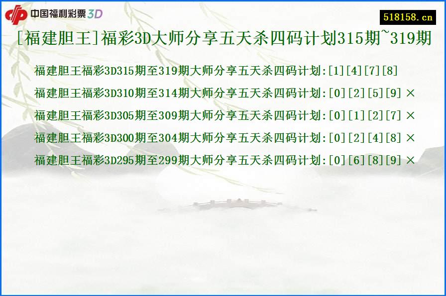 [福建胆王]福彩3D大师分享五天杀四码计划315期~319期