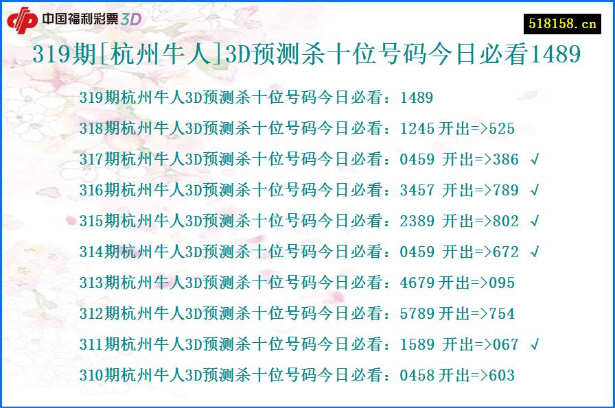 319期[杭州牛人]3D预测杀十位号码今日必看1489