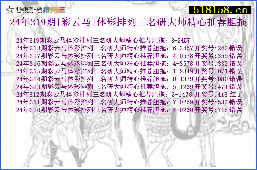 24年319期[彩云马]体彩排列三名研大师精心推荐胆拖