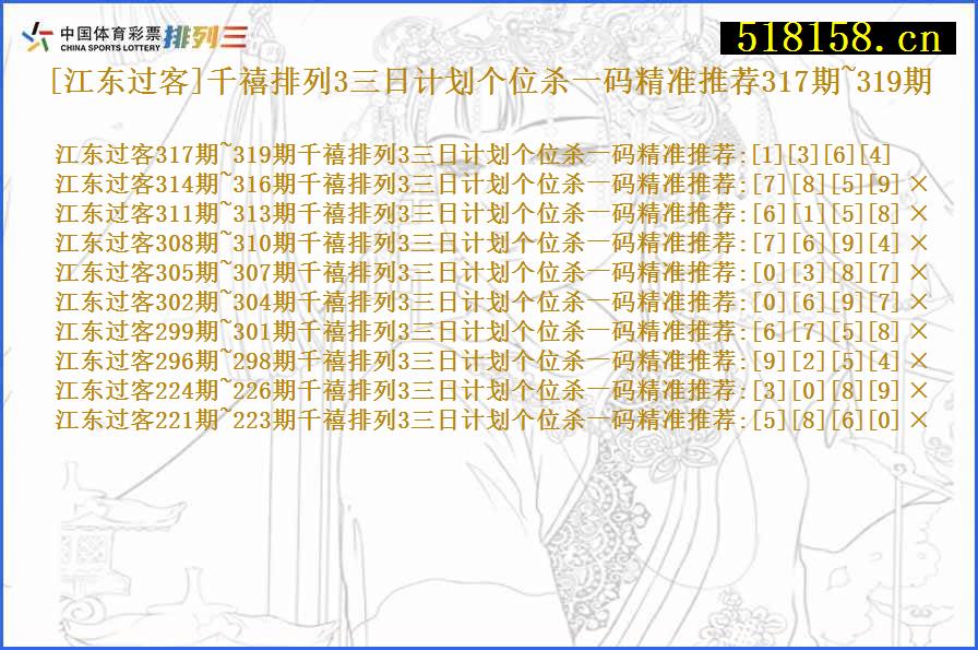 [江东过客]千禧排列3三日计划个位杀一码精准推荐317期~319期