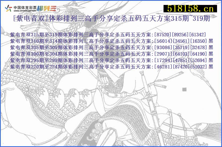 [紫电青双]体彩排列三高手分享定杀五码五天方案315期~319期