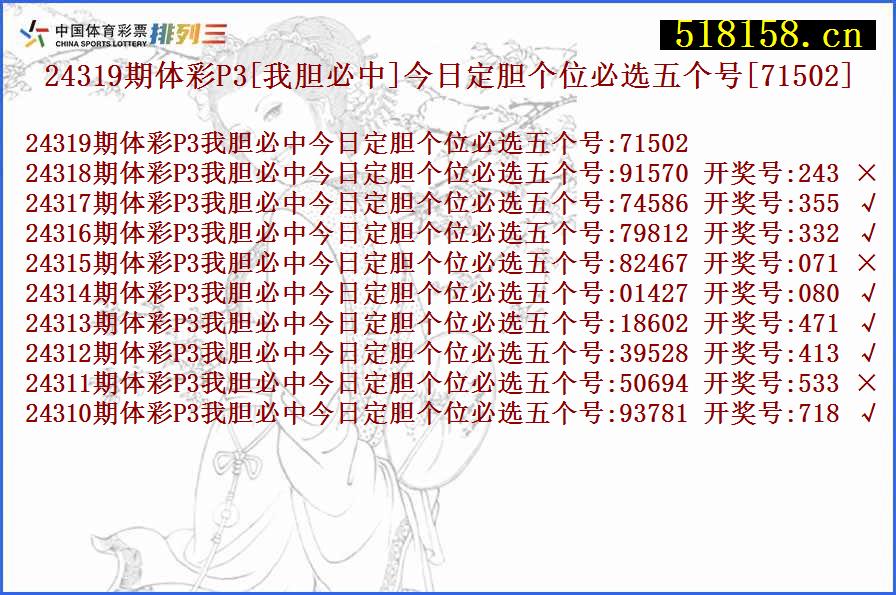 24319期体彩P3[我胆必中]今日定胆个位必选五个号[71502]