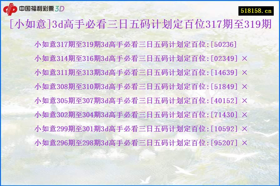 [小如意]3d高手必看三日五码计划定百位317期至319期