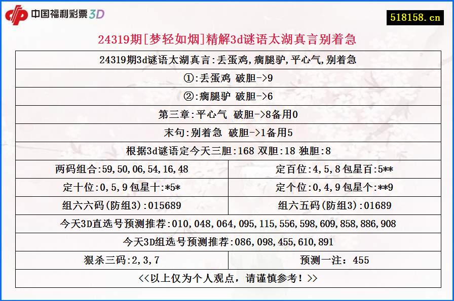 24319期[梦轻如烟]精解3d谜语太湖真言别着急