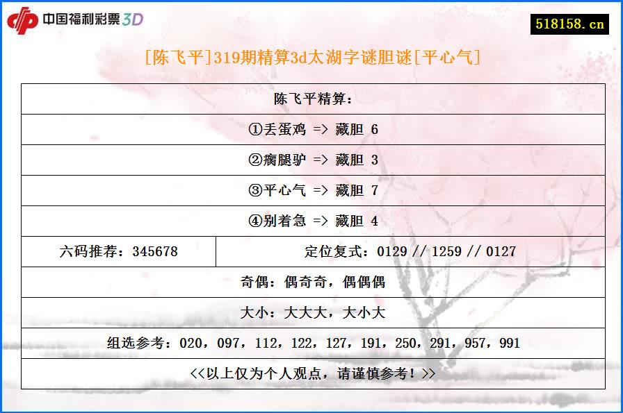 [陈飞平]319期精算3d太湖字谜胆谜[平心气]